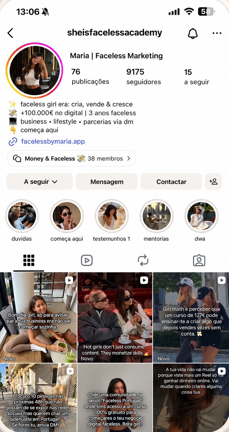 Perfil de Instagram @sheisfacelessacademy