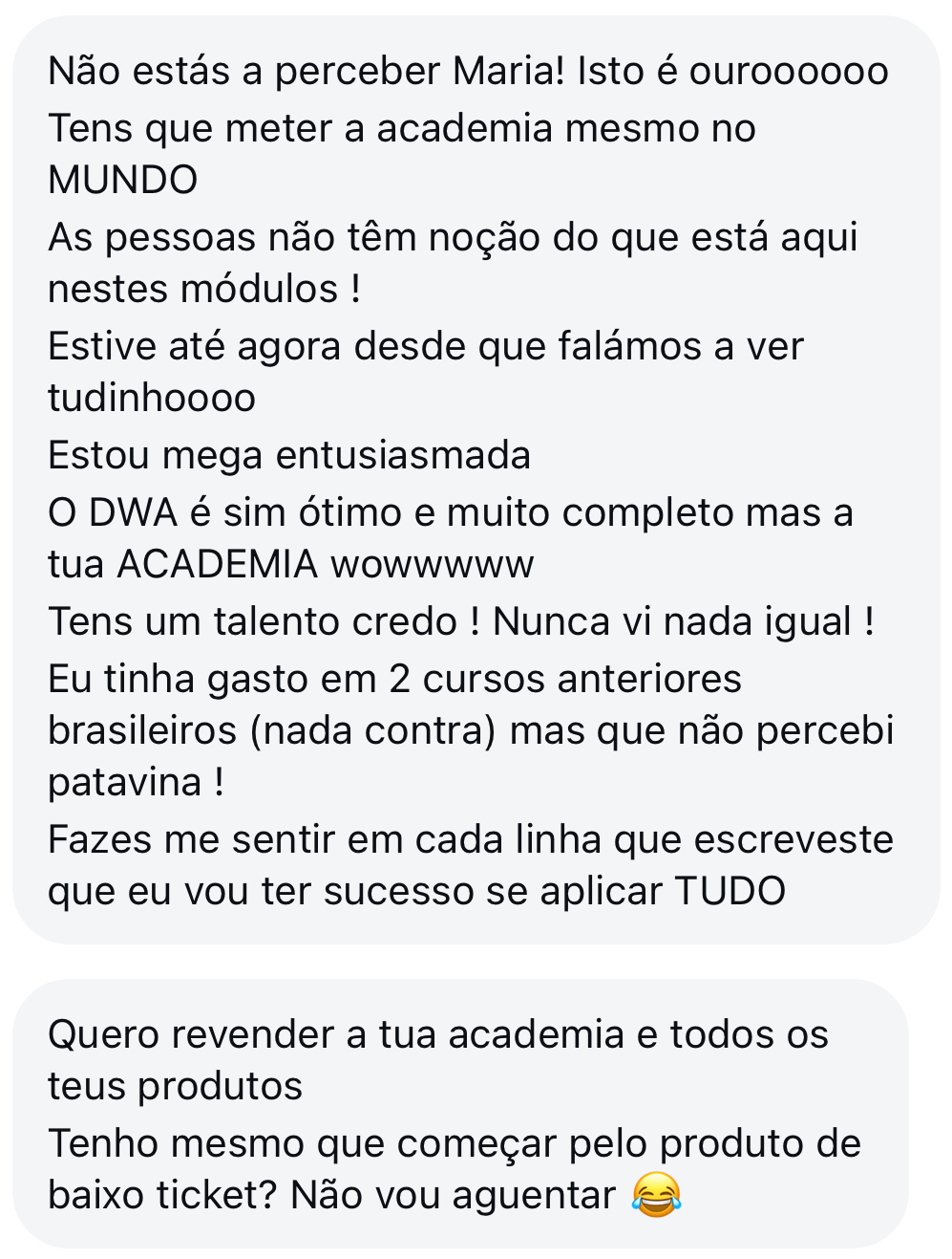 Mensagem de aluna sobre a profundidade dos módulos da academia